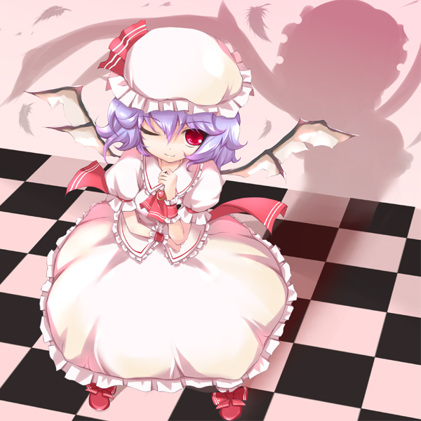 hoshikuzu, remilia scarlet, touhou, bad id, 1girl, ascot, blue hair, bow, checkered floor, child, demon girl, feathers, female focus, flat chest, floor, frills, from above, gem, hat, lolita fashion, looking at viewer, one eye closed, perspective, red eyes, ribbon, shadow, shoes, short hair, skirt, smile, solo, standing, wings, wink, wristband