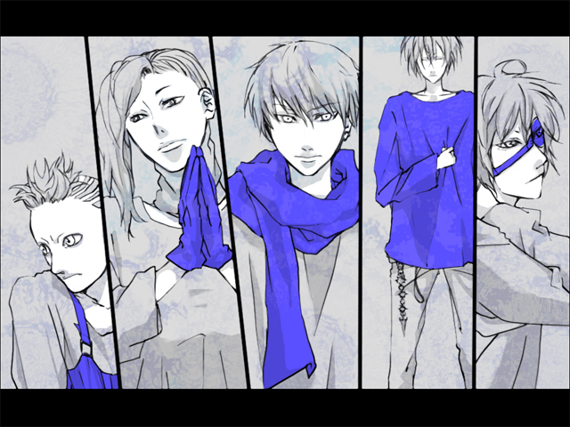 ash (galerians), nitro (galerians), parano (galerians), rion (galerians), rion steiner, spider (galerians), galerians, galerians: ash, 1girl, 4boys, blue theme, bug, chain, earrings, frontal ponytail, gloves, grey background, jewelry, looking at viewer, monogoggle, multiple boys, overalls, ponytail, scarf, shirt, short hair, simple background, spider