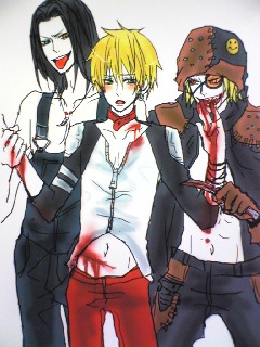 birdman, parano (galerians), rion (galerians), galerians, galerians: ash, artist request, lowres, 3boys, biting, blonde hair, blood, injury, male focus, multiple boys, open mouth, qvga, short hair, simple background, tongue, tongue out, white background