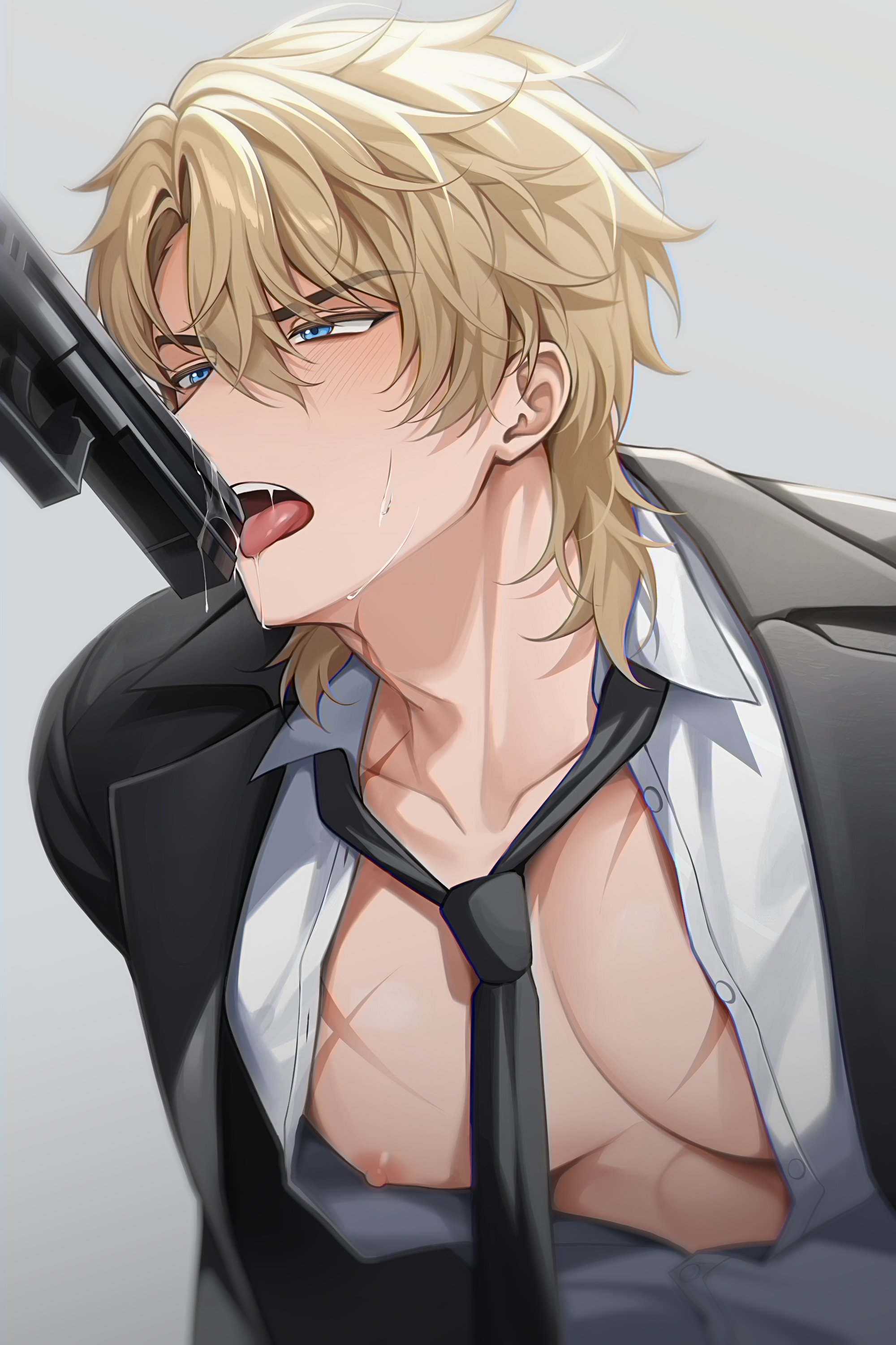 solcha, varka (genshin impact), genshin impact, absurdres, bad id, bad twitter id, highres, 1boy, adam's apple, black jacket, black necktie, blush, buttons, collarbone, collared shirt, jacket, loose necktie, male focus, necktie, nipples, partially open shirt, pectorals, saliva, scar, scar on chest, scar on neck, shirt, solo, suit jacket, sweat, teeth, tongue, tongue out, upper body, upper teeth only, white shirt