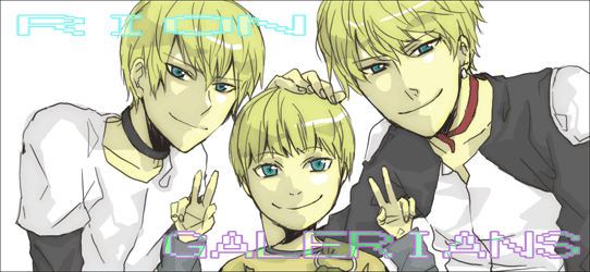 rion (galerians), galerians, tagme, 3boys, aqua eyes, blonde hair, character name, copyright name, double v, happy, looking at viewer, male focus, multiple boys, short hair, simple background, smile, v, white background