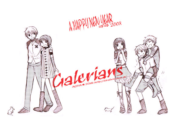 cain, lilia (galerians), lilia pascalle, rion (galerians), rion steiner, galerians, tagme, 00s, 2008, copyright name, happy, mouse (animal), new year, short hair, simple background, smile, white background