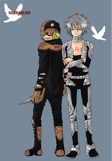 ash (galerians), parano (galerians), galerians, galerians: ash, silver hair, tagme, armor, bird, blonde hair, body markings, boots, cape, dove, fangs, grey background, hat, knife, looking at viewer, looking back, monogoggle, simple background, smile, smiley face, yellow eyes