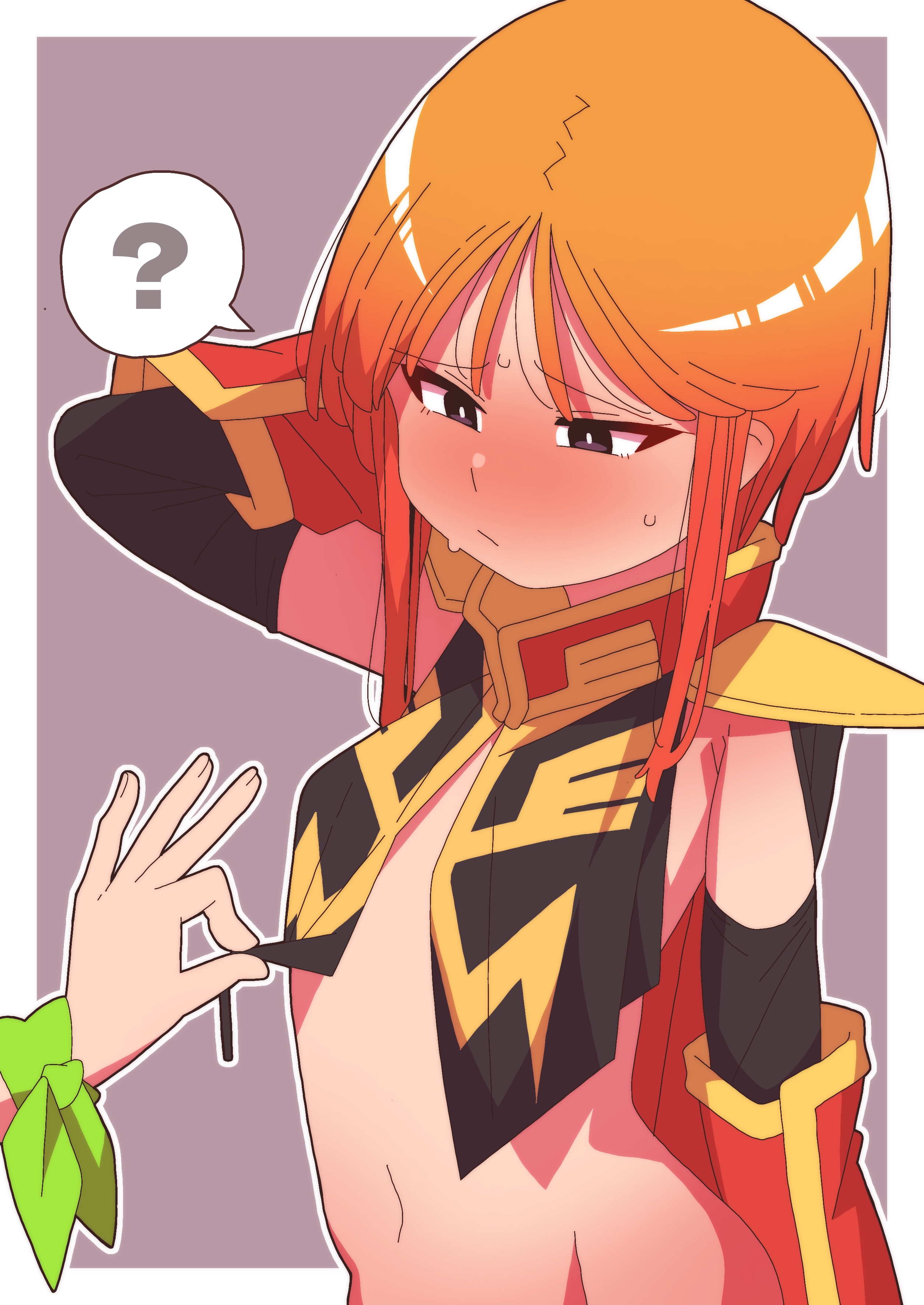 onimaru (onimal7802), elpeo puru, puru two, gundam, gundam zz, absurdres, highres, 1girl, ?, blush, border, bottomless, breasts, grey background, groin, lifting another's clothes, looking at another, navel, orange hair, science fiction, short hair, shoulder pads, small breasts, speech bubble, upper body, white border