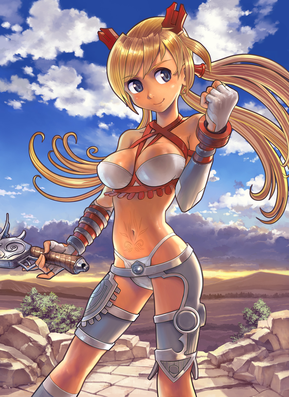 ayumi (x-blades), x-blades, artist request, highres, 1girl, armor, bikini, blonde hair, blue eyes, blush, breasts, cleavage, cloud, collarbone, female focus, fingerless gloves, gloves, hair ornament, holding, large breasts, long hair, looking at viewer, mountain, navel, panties, rock, sky, smile, solo, stomach tattoo, swimsuit, sword, tattoo, thong, twintails, underwear, weapon, white bikini, white gloves