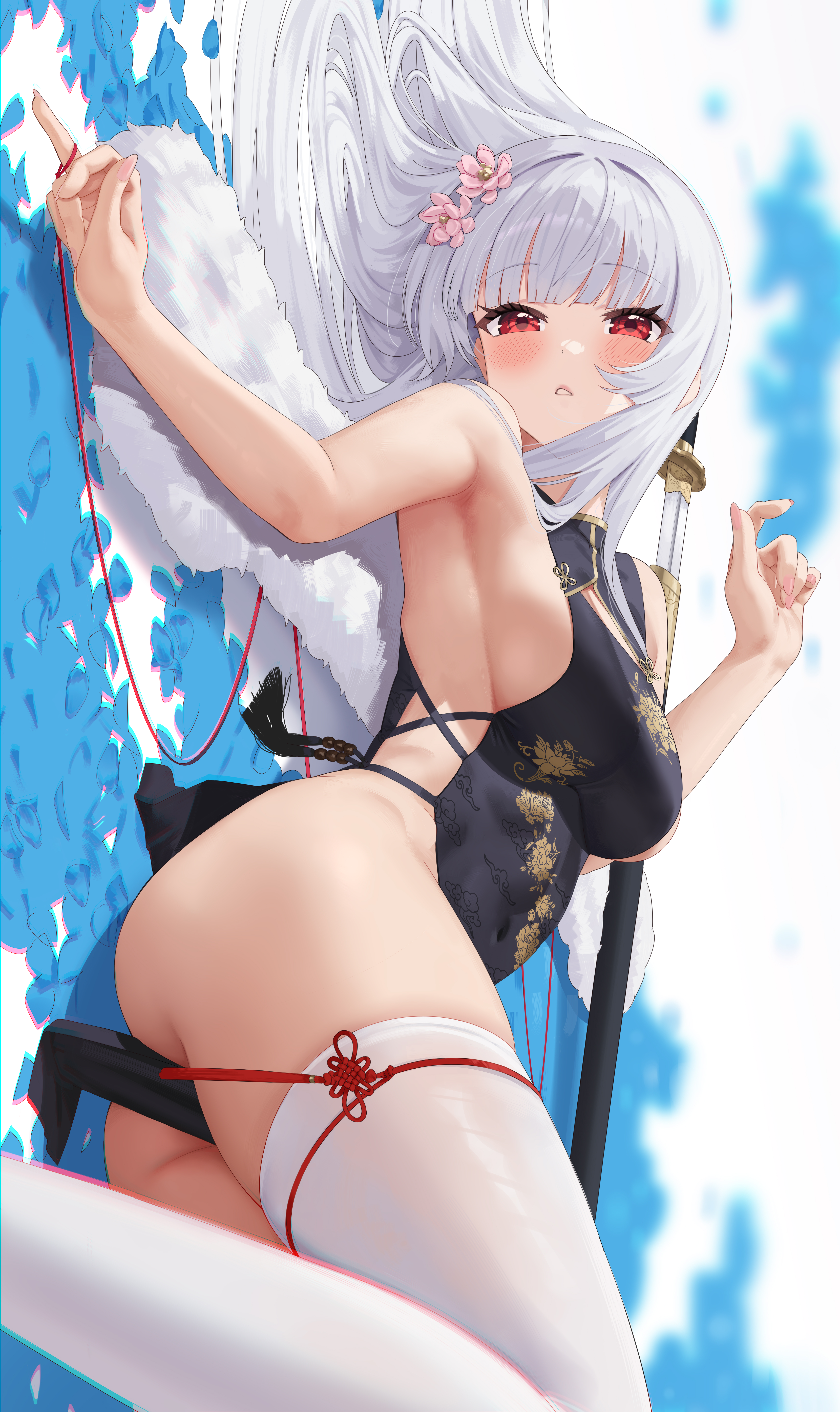 mawoillust, original, absurdres, highres, 1girl, ass, bare arms, black dress, blue sky, blunt bangs, blush, breasts, china dress, chinese clothes, cloud, day, dress, flower, hair flower, hair ornament, long hair, looking at viewer, lying, medium breasts, on side, outdoors, parted lips, red eyes, scabbard, sheath, sheathed, sideboob, sky, solo, sword, thighhighs, thighs, weapon, white hair, white thighhighs