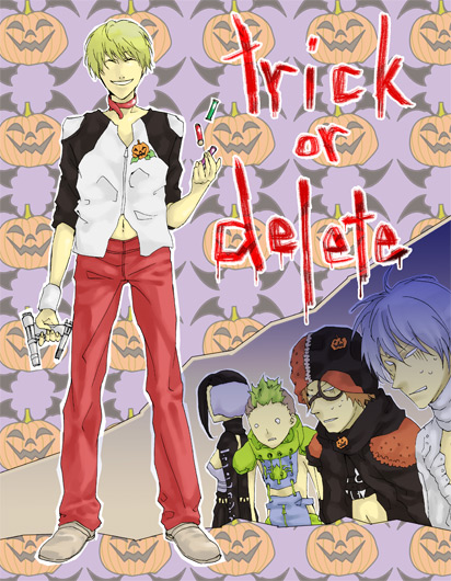 ash (galerians), nitro (galerians), parano (galerians), rion (galerians), rion steiner, spider (galerians), galerians, galerians: ash, 1girl, 4boys, beeject, blonde hair, bug, drugs, halloween, jack-o'-lantern, multiple boys, short hair, spider