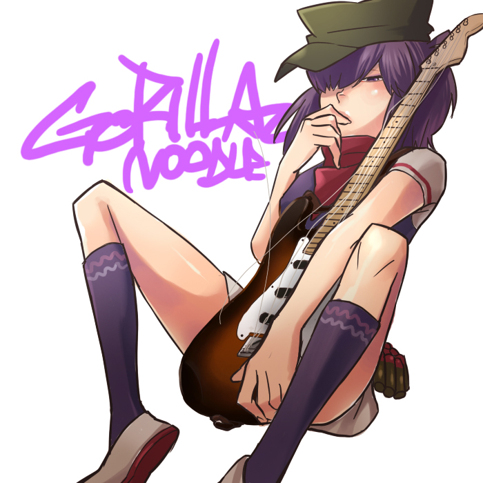 noodle (gorillaz), gorillaz, commentary, 1girl, ammunition belt, bandana, bandana around neck, between legs, broken, broken string, character name, copyright name, curled fingers, electric guitar, field cap, graffiti, green hat, grey shoes, grey shorts, guitar, hair over one eye, hand to own mouth, hat, holding, holding guitar, holding instrument, instrument, kneehighs, knees up, long bangs, looking at viewer, narrowed eyes, purple eyes, purple hair, purple shirt, purple socks, raglan sleeves, red bandana, red trim, rok (roots6), shirt, shoes, short hair, short shorts, short sleeves, shorts, simple background, socks, solo, spread legs, swept bangs, t-shirt, white background, white shirt