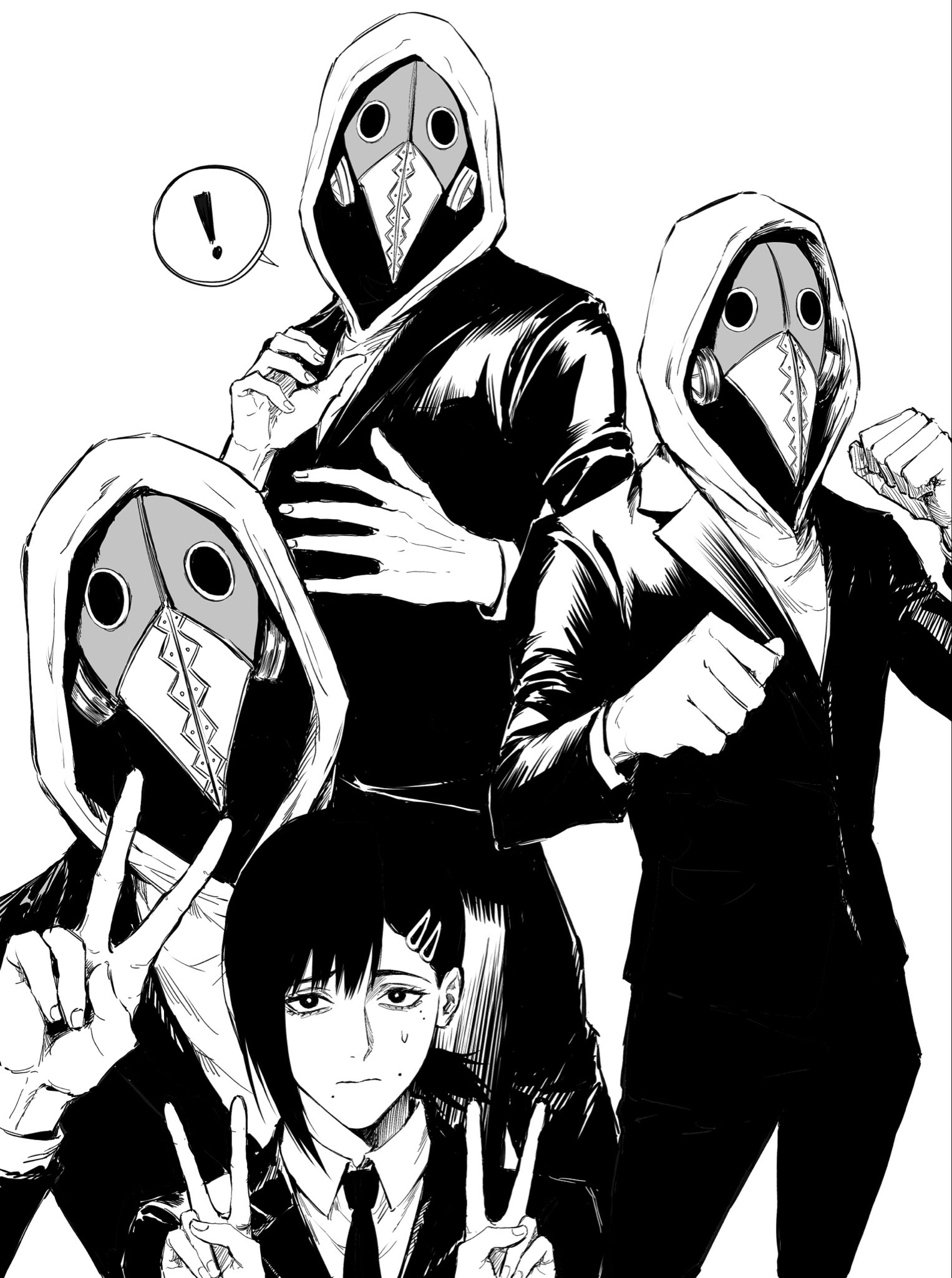 sso s, higashiyama kobeni, violence fiend (chainsaw man), chainsaw man, highres, !, 1boy, 1girl, closed mouth, collared shirt, greyscale, hair ornament, hood, hood up, hoodie, jacket, long sleeves, mole, mole under mouth, monochrome, multiple views, plague doctor mask, shirt, short hair, simple background, single sidelock, spoken exclamation mark, suit jacket, v, white background