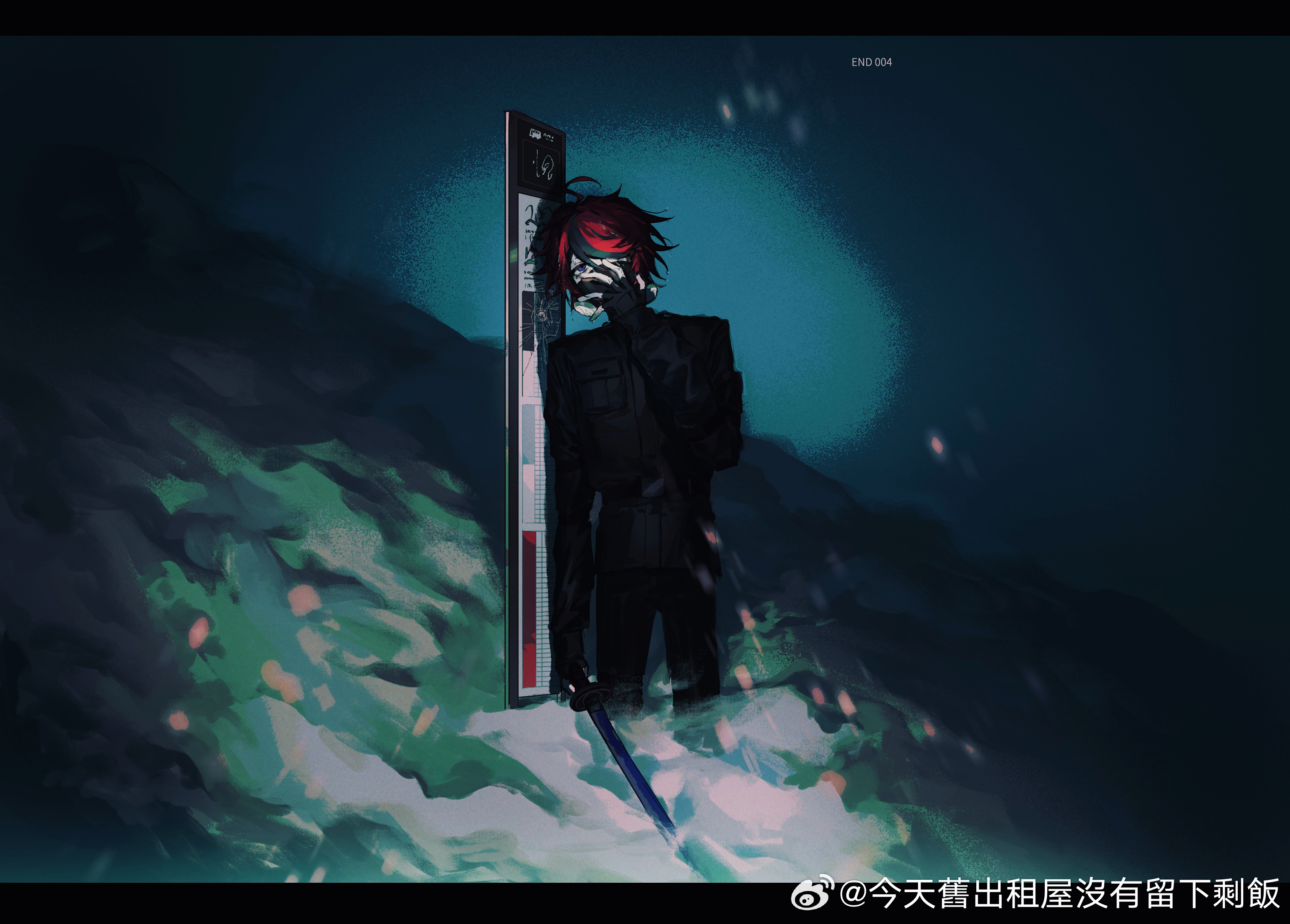 mint1618680, sumino takumi, the hundred line -last defense academy-, highres, 1boy, black gloves, black jacket, black pants, blue eyes, fingerless gloves, floppy disk, gas mask, gloves, holding, holding sword, holding weapon, jacket, long sleeves, male focus, mask, mouth mask, multicolored hair, outdoors, pants, red hair, short hair, smoke, solo, standing, streaked hair, sword, weapon