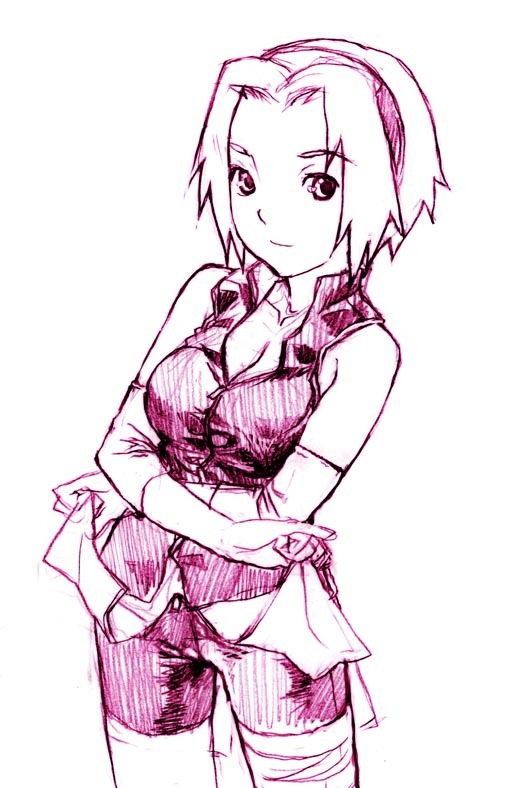 nekomata naomi, haruno sakura, naruto (classic), naruto (series), 1girl, breasts, cleavage, clothes lift, crossed arms, female focus, monochrome, purple theme, short hair, sketch, skirt, skirt lift, solo