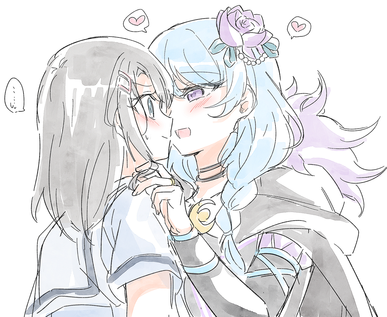 opi, matsubara kanon, okusawa misaki, bang dream!, …, 2girls, black cape, black hair, blue eyes, blue hair, blush, braid, bridal gauntlets, cape, closed mouth, flower, hair flower, hair ornament, hairclip, hanasakigawa school uniform, hand in another's hair, heart, medium hair, multiple girls, open mouth, purple eyes, purple flower, school uniform, simple background, smile, spoken ellipsis, spoken heart, sweat, twin braids, white background, yuri