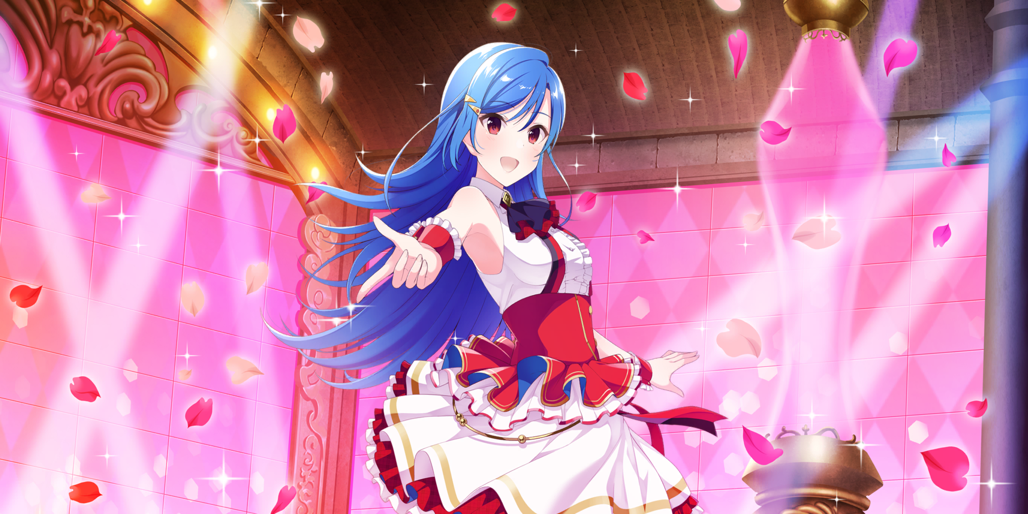 rosetta (lapis re:lights), lapis re:lights, game cg, highres, official art, third-party source, 1girl, arch, bare shoulders, blue hair, breasts, corset, cowboy shot, dot nose, dress, falling petals, hair ornament, hairclip, idol, idol clothes, index finger raised, indoors, long hair, looking at viewer, medium breasts, open mouth, orange petals, outstretched arm, petals, pink petals, red corset, red eyes, red petals, red ribbon, red wrist cuffs, ribbon, skirt, sleeveless, sleeveless dress, smile, solo, sparkle, stage lights, tile wall, tiles, underbust, white dress, white skirt, wrist cuffs