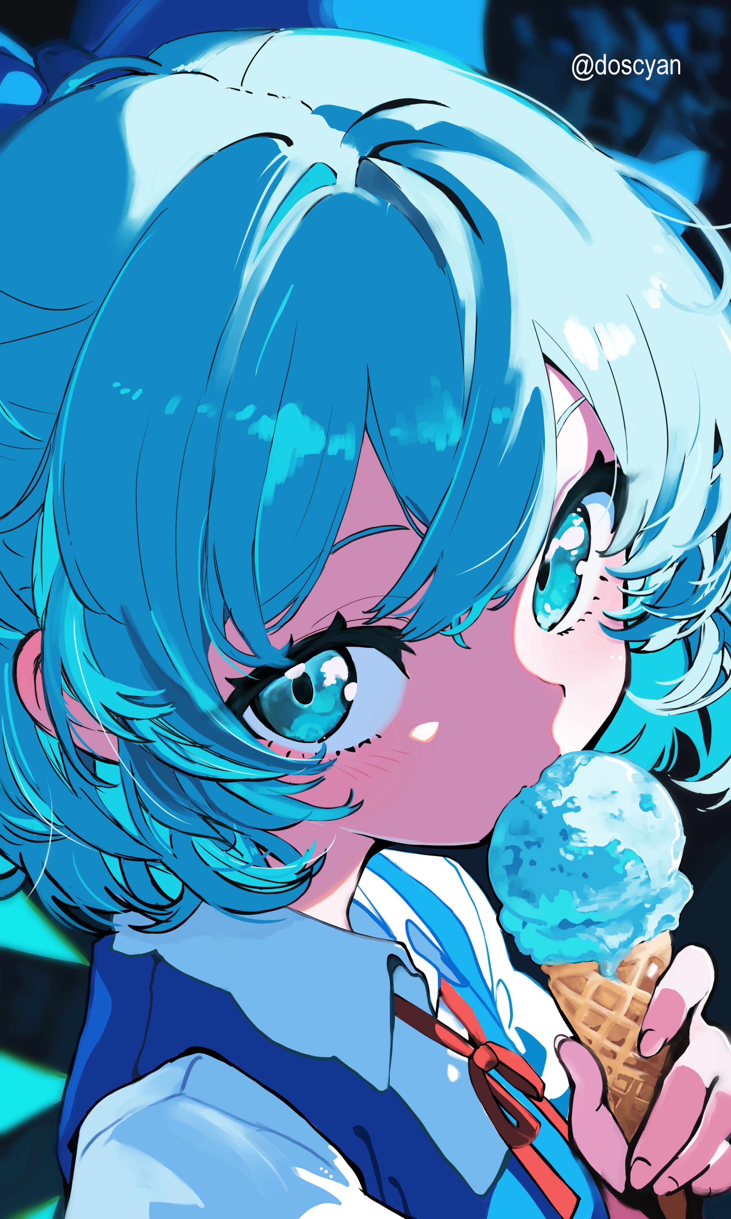cirno, touhou, absurdres, highres, 1girl, blue dress, blue eyes, blue hair, blush, bow, doscyan, dress, eating, food, food focus, hair bow, ice cream, red ribbon, ribbon, shirt, short hair, solo, summer, white shirt