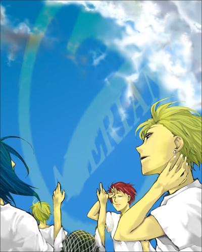 birdman, cain, rainheart, rion (galerians), rita (galerians), galerians, lowres, 1girl, 4boys, blonde hair, blue hair, closed eyes, cloud, copyright name, multiple boys, red hair, short hair, siblings, sky, twins