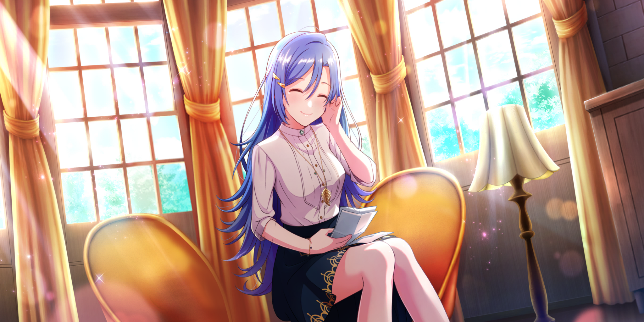 rosetta (lapis re:lights), lapis re:lights, game cg, highres, official art, third-party source, 1girl, black skirt, blue hair, bracelet, breasts, brick wall, buttons, chair, closed eyes, closed mouth, curtains, day, dutch angle, facing viewer, feet out of frame, hair between eyes, hair ornament, hairclip, hand in own hair, holding, holding paper, indoors, jewelry, lamp, lens flare, long hair, medium breasts, on chair, paper, pendant, shirt, sitting, skirt, smile, solo, sunlight, white shirt, window