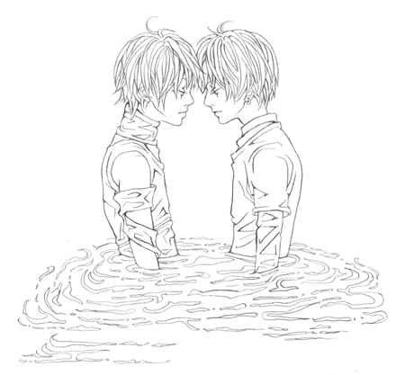 cain, rion (galerians), galerians, lowres, 2boys, lineart, multiple boys, ripples, siblings, simple background, twins, water, white background