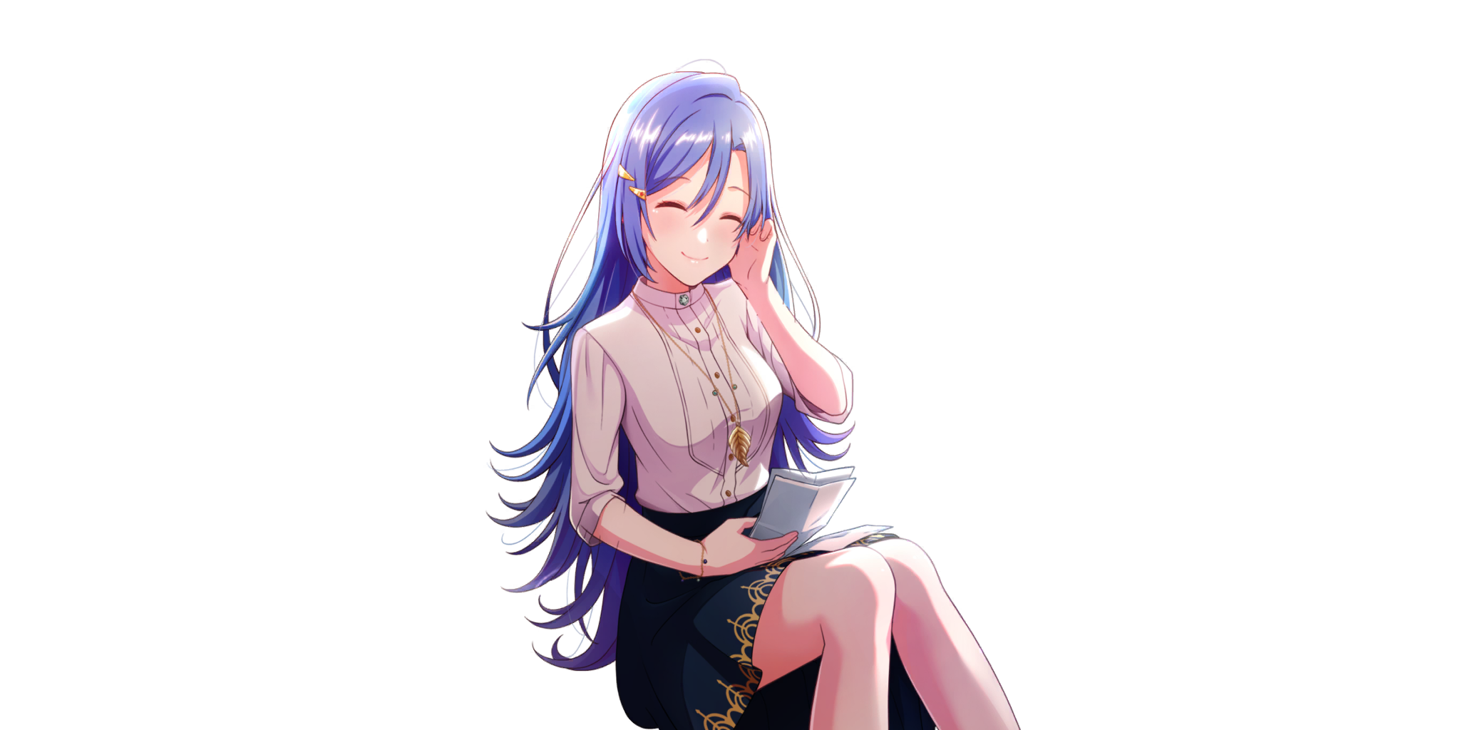 rosetta (lapis re:lights), lapis re:lights, game cg, highres, official art, third-party source, 1girl, black skirt, blue hair, bracelet, breasts, buttons, closed eyes, closed mouth, facing viewer, feet out of frame, hair between eyes, hair ornament, hairclip, hand in own hair, holding, holding paper, jewelry, long hair, medium breasts, paper, pendant, shirt, sitting, skirt, smile, solo, transparent background, white shirt