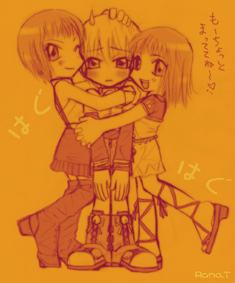 lilia (galerians), lilia pascalle, rion (galerians), rion steiner, rita (galerians), galerians, lowres, 1boy, 2girls, blush, chibi, embarrassed, happy, hug, looking at viewer, multiple girls, one eye closed, orange background, sandwiched, short hair, simple background, smile, wink, yellow background