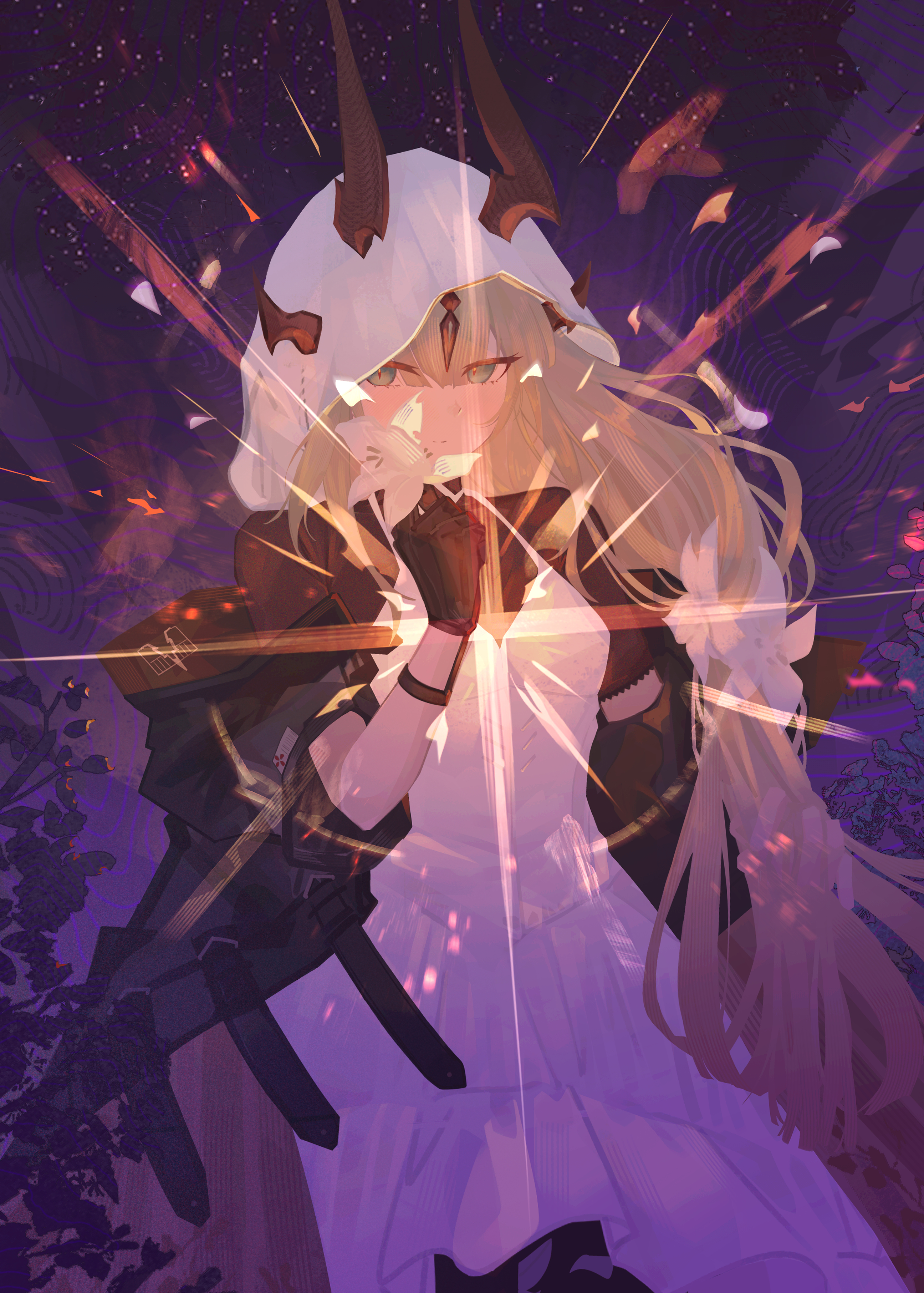 kira guil, reed (arknights), reed the flame shadow (arknights), arknights, absurdres, highres, black coat, black gloves, black horns, black sweater, blonde hair, brown horns, cape, coat, dragon girl, dragon horns, dragon tail, dress, expressionless, flower, gloves, green eyes, horns, light in heart, long hair, long tail, multiple horns, petals, short sleeves, sky, standing, sweater, tail, white cape, white dress, white flower