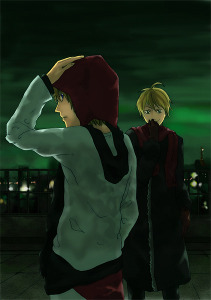 cain, rion (galerians), galerians, 2boys, blonde hair, looking at viewer, looking back, multiple boys, night, outdoors, rooftop, short hair, siblings, twins