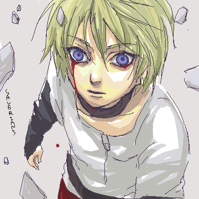 rion (galerians), galerians, psychic, lowres, 1boy, blind, blonde hair, blood, blue eyes, collar, copyright name, male focus, short hair, solo