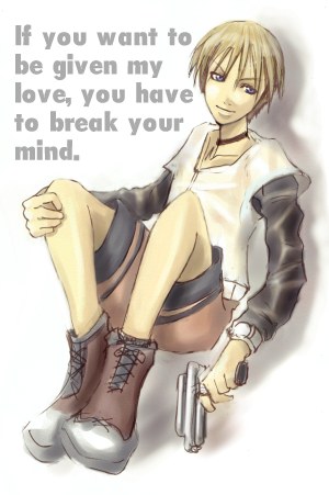 rion (galerians), galerians, lowres, 1boy, beeject, blonde hair, english text, engrish text, looking at viewer, male focus, ranguage, short hair, shorts, simple background, smile, solo, text focus, white background