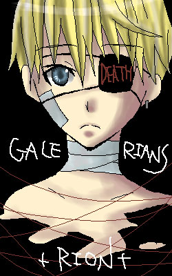 rion (galerians), galerians, aliasing, lowres, tagme, 1boy, bandages, black background, blonde hair, blue eyes, character name, copyright name, english text, eyepatch, male focus, short hair, simple background, solo