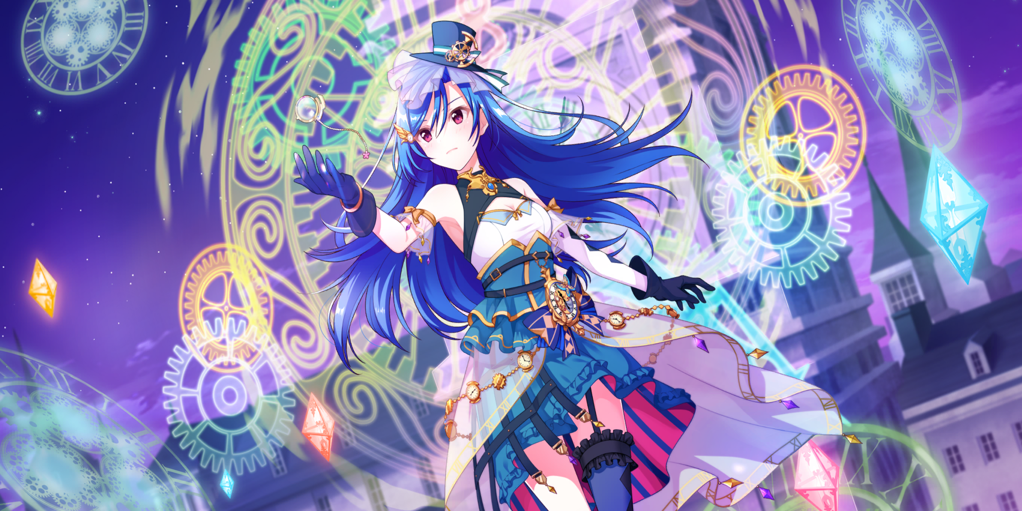 rosetta (lapis re:lights), lapis re:lights, game cg, highres, official art, third-party source, 1girl, asymmetrical legwear, belt, black belt, black garter straps, black gloves, black hat, blue gemstone, blue hair, blue thighhighs, breasts, building, casting spell, cleavage, cleavage cutout, clock, clock tower, closed mouth, clothing cutout, corset, cowboy shot, detached sleeves, dot nose, dress, dutch angle, garter straps, gear hat ornament, gears, gem, gloves, green corset, green skirt, hair between eyes, hat, hat ornament, layered skirt, long hair, magic circle, medium breasts, mini hat, mini top hat, night, night sky, outdoors, purple gemstone, red eyes, red gemstone, see-through skirt layer, single detached sleeve, single thighhigh, skirt, sky, sleeveless, sleeveless dress, solo, star (sky), starry sky, thighhighs, tilted headwear, top hat, tower, town, underbust, white dress, white sleeves, yellow gemstone