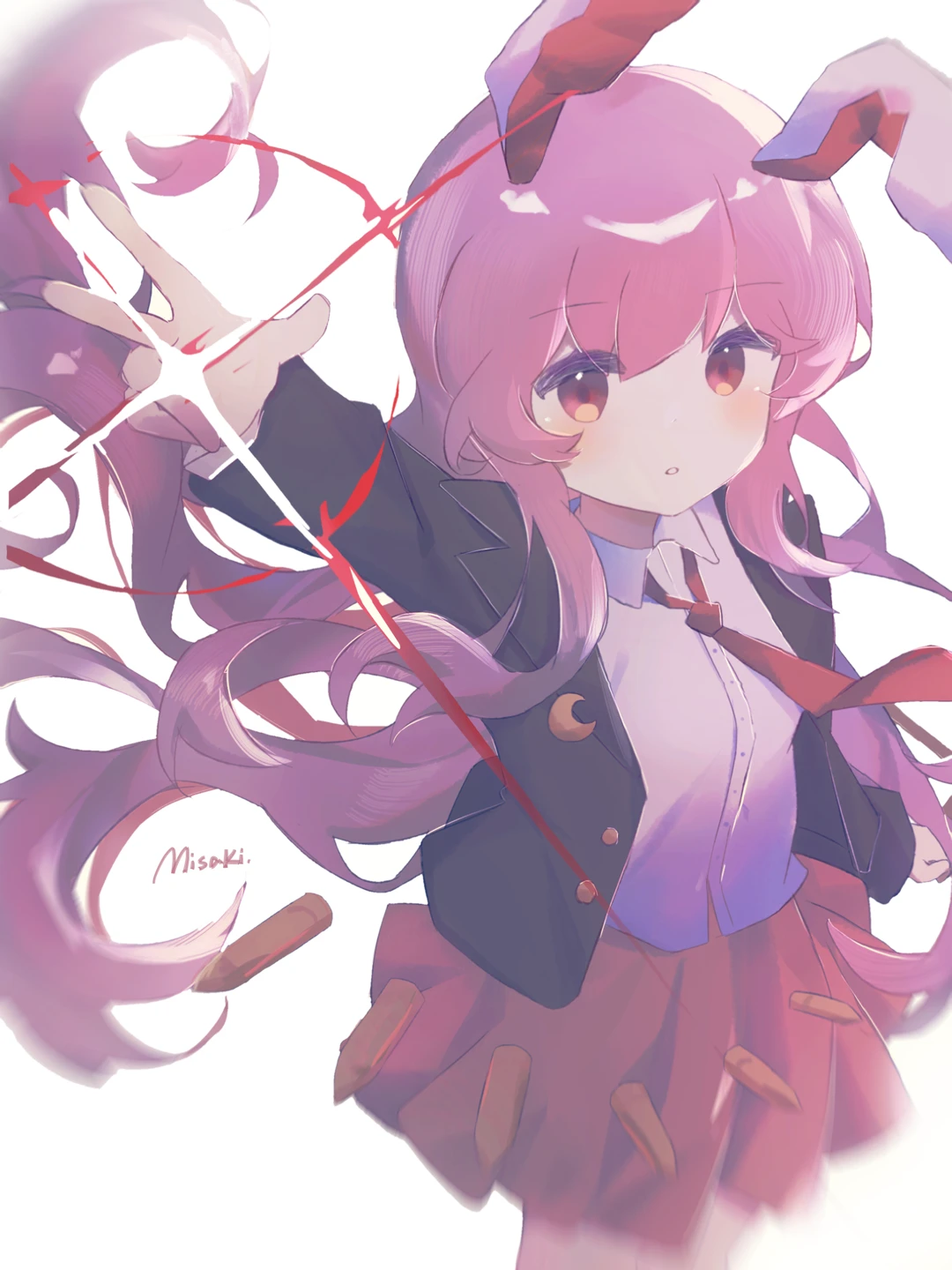 reisen udongein inaba, touhou, commentary request, highres, 1girl, animal ears, blush, breasts, long hair, looking at viewer, misakiii, necktie, open mouth, purple hair, rabbit ears, red eyes, skirt, solo