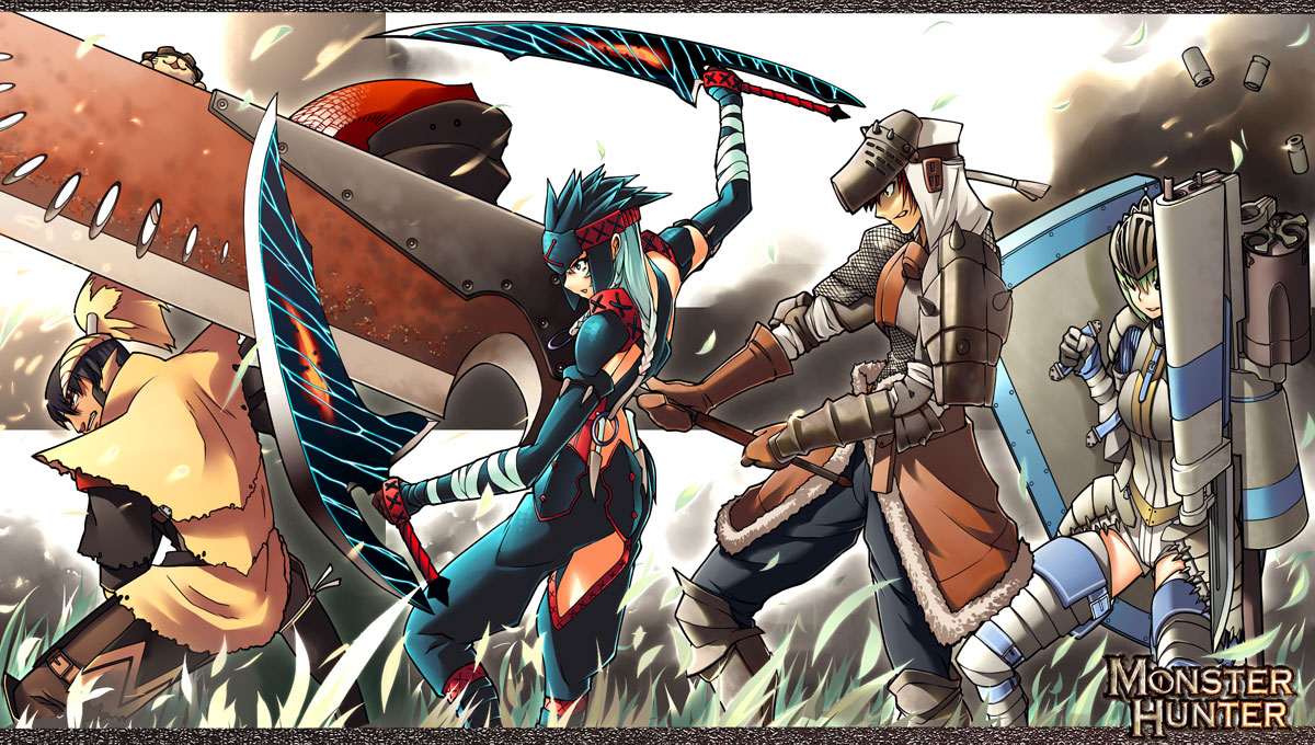 yukari (konekonekozou), capcom, monster hunter (series), character request, 2boys, 2girls, armor, blue hair, casing ejection, green hair, gun, gunlance, huge weapon, multiple boys, multiple girls, nargacuga (armor), rajang (armor), shell casing, shield, sword, weapon