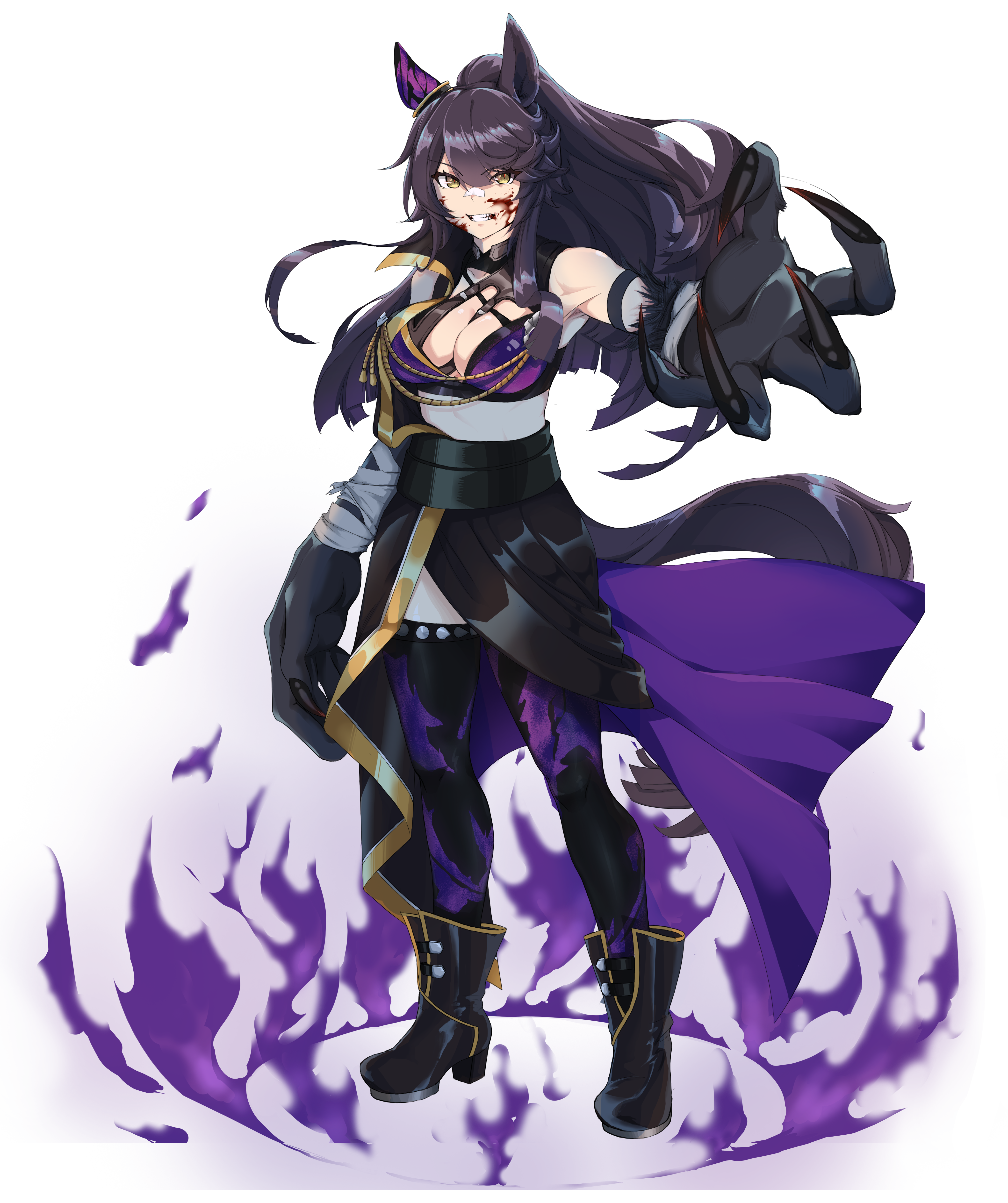 oscnordin, narita brian (hungry wolves) (umamusume), narita brian (umamusume), umamusume, absurdres, highres, 1girl, animal ears, ankle boots, black boots, black gloves, black leggings, black robe, blunt ends, blunt tresses, boots, bracelet, claws, ear covers, elbow gloves, fingerless gloves, full body, gloves, gold trim, hair between eyes, horse ears, horse girl, jewelry, leggings, long hair, looking at viewer, midriff, official alternate costume, purple tank top, robe, sidelocks, simple background, single ear cover, single elbow glove, single fingerless glove, sleeveless robe, solo, tank top, torn clothes, yellow eyes