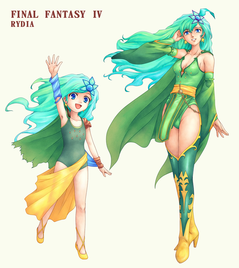 medacreate, satoshi (artist), rydia (adult) (ff4), rydia (ff4), rydia (young) (ff4), final fantasy, final fantasy iv, green legwear, bad id, bad pixiv id, 1990s (style), 2girls, age comparison, aged down, aqua hair, armpits, blue eyes, boots, breasts, cape, character name, child, cleavage, copyright name, dual persona, flat chest, green hair, hair ornament, high heels, leotard, long hair, medium breasts, multiple girls, retro artstyle, shoes, time paradox, yellow boots