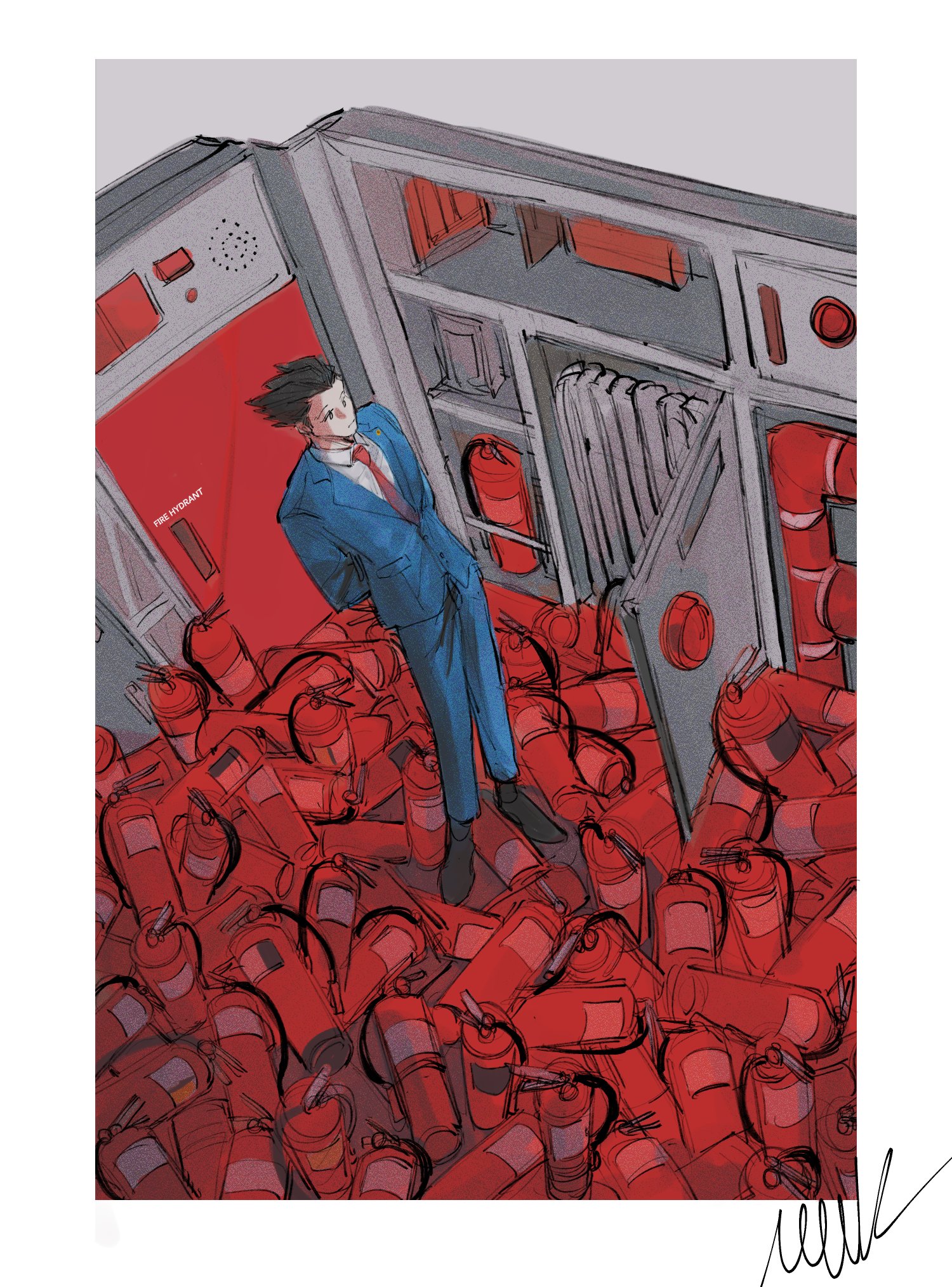 retortbox, phoenix wright, ace attorney, highres, 1boy, arms behind back, black hair, black shoes, blue jacket, blue pants, border, collared shirt, fire extinguisher, from above, full body, jacket, male focus, necktie, pants, red necktie, shirt, shoes, solo, white border, white shirt, wide shot
