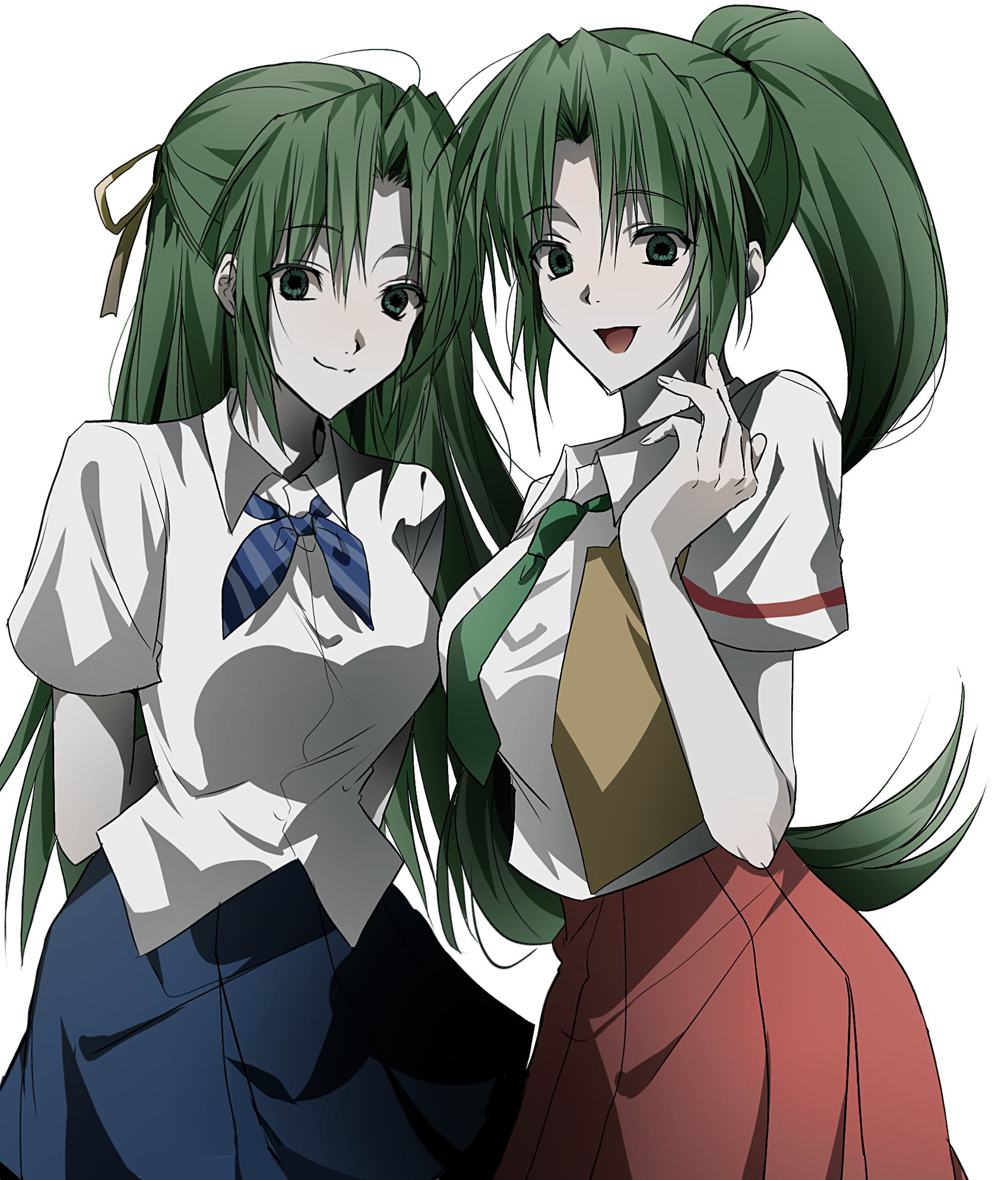 sonozaki mion, sonozaki shion, higurashi no naku koro ni, highres, 2girls, blush, green eyes, green hair, long hair, looking at viewer, multiple girls, necktie, open mouth, ponytail, school uniform, shirt, short hair, siblings, sisters, skirt, smile, twins, user vfkp3238