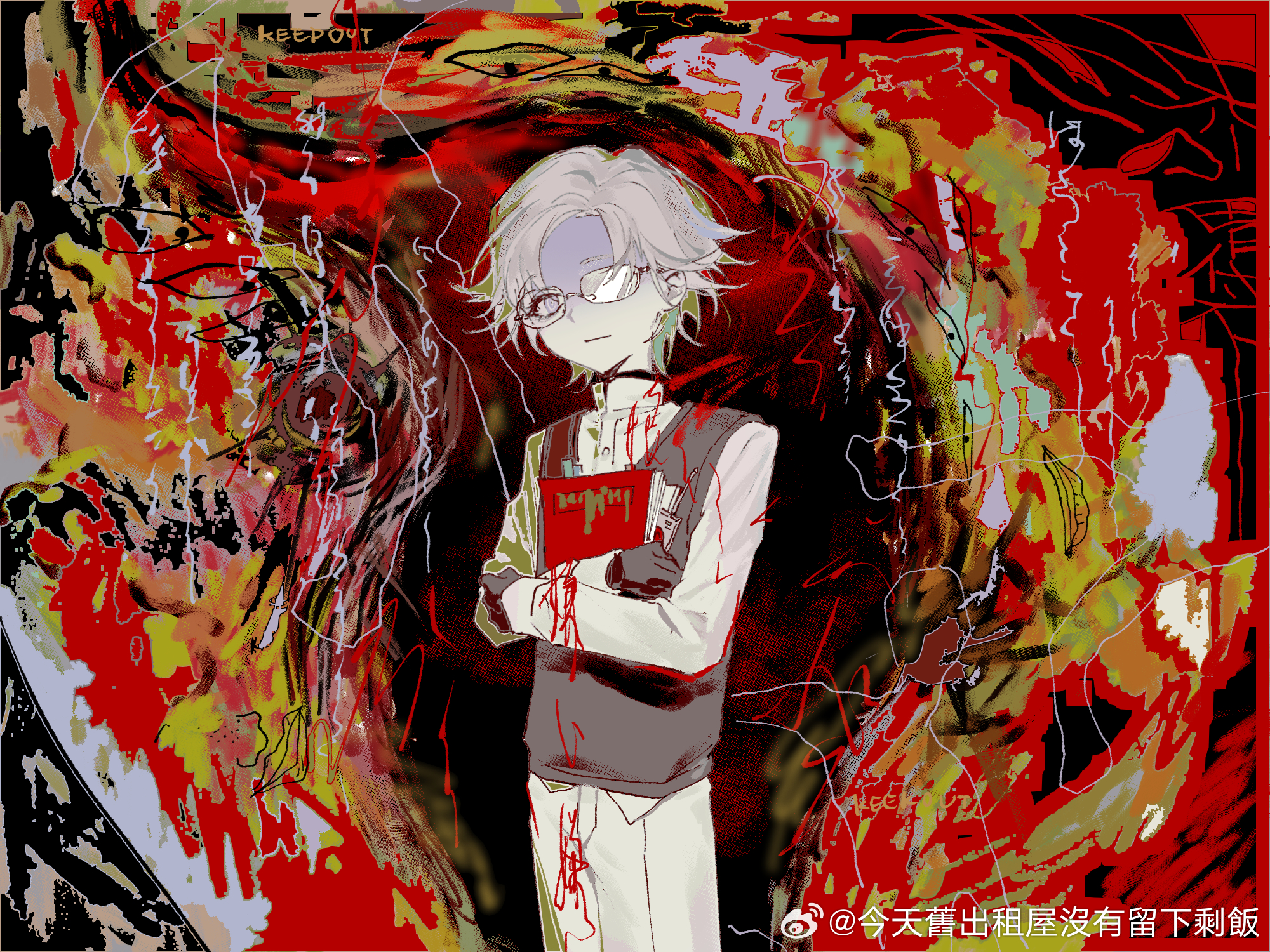 mint1618680, aotsuki eito, the hundred line -last defense academy-, highres, 1boy, abstract background, aged down, book, closed mouth, cowboy shot, disembodied eye, glasses, holding, holding book, long sleeves, male focus, messy hair, pants, short hair, solo, sweater vest