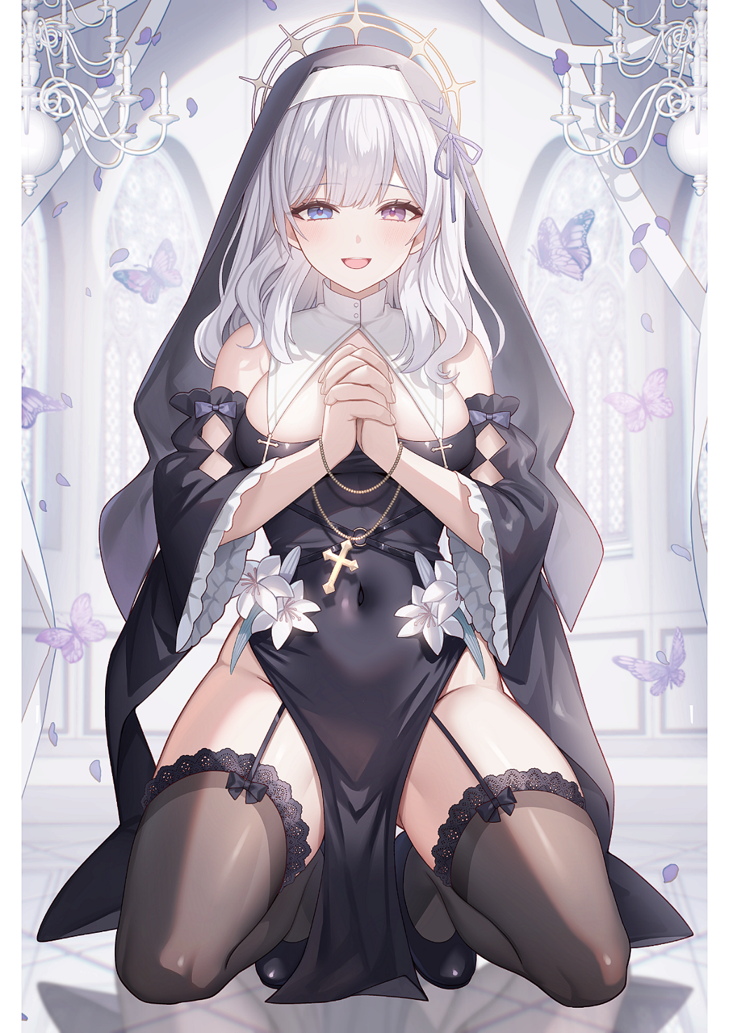 original, commentary request, commission, highres, skeb commission, 1girl, black dress, black shoes, black thighhighs, black veil, blue eyes, border, breasts, bug, butterfly, chandelier, church, coif, covered navel, cross, detached sleeves, dress, dress flower, falling petals, flower, garter straps, gold halo, groin, halo, heterochromia, insect, inset border, large breasts, long hair, looking at viewer, mocchiri290, nun, open mouth, own hands clasped, own hands together, pelvic curtain, petals, purple butterfly, purple eyes, purple petals, reflective floor, shoes, smile, solo, squatting, stained glass, thighhighs, thighs, veil, very long hair, white border, white hair, wide sleeves