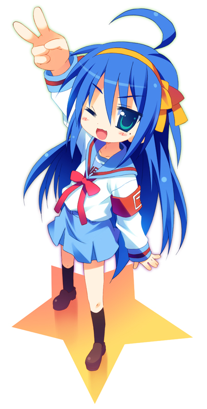 meito (maze), hirano aya, izumi konata, suzumiya haruhi, lucky star, suzumiya haruhi no yuuutsu, 1girl, ahoge, cosplay, female focus, full body, mole, mole under eye, one eye closed, school uniform, serafuku, solo, suzumiya haruhi (cosplay), v, voice actor connection, wink