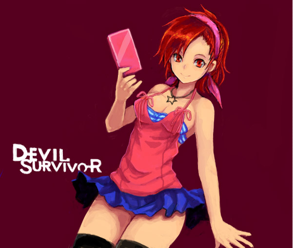 kara (color), tanigawa yuzu, devil survivor (series), devil survivor 1, 1girl, female focus, hairband, handheld game console, nintendo ds, red eyes, red hair, smile, solo, thighhighs, zettai ryouiki