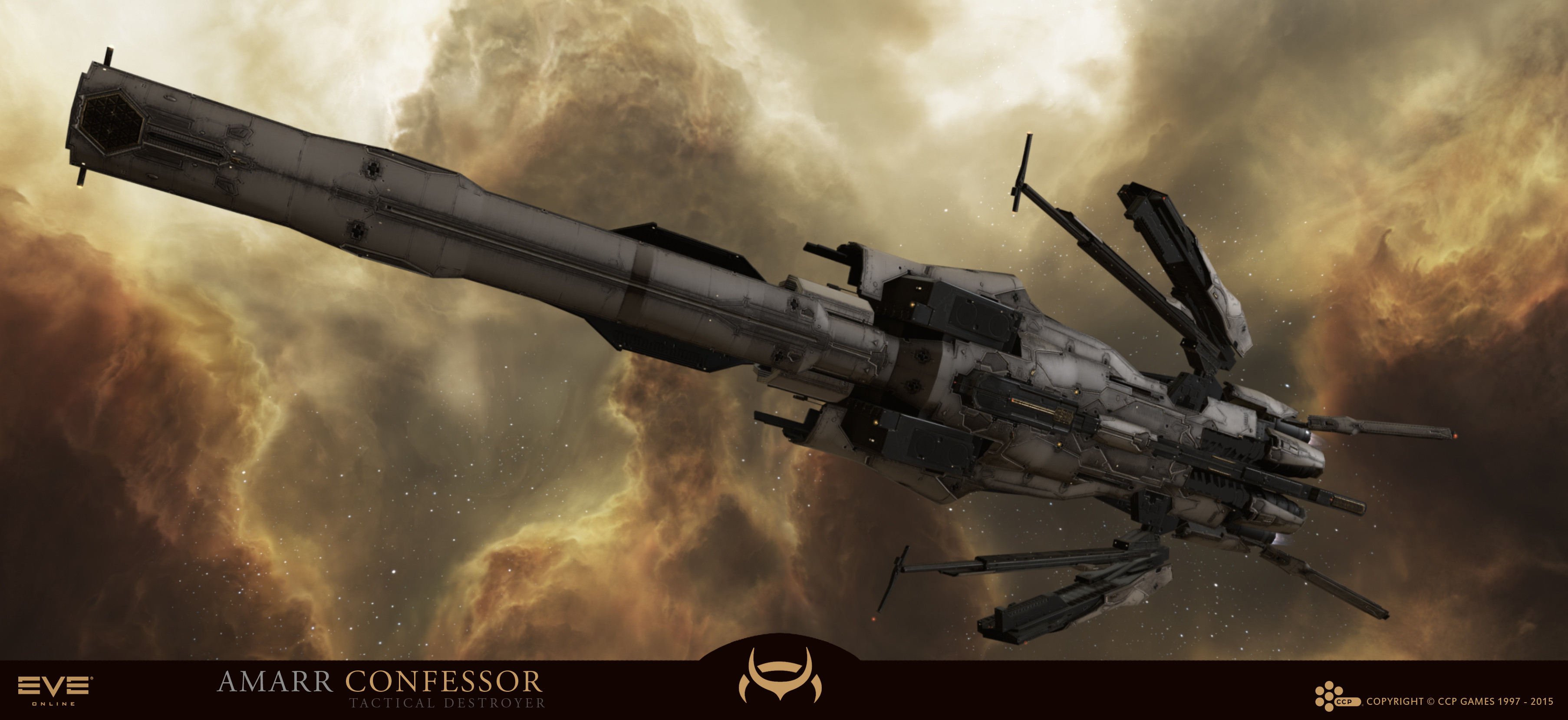 eve online, absurdres, commentary, english commentary, highres, maya (medium), official art, 3d, advanced ship (eve online), amarr empire (eve online), attack ship (eve online), brown background, brown theme, cloud, company logo, company name, confessor (eve online), copyright logo, copyright name, dated, destroyer (eve online), emblem, english text, flying, glowing, logo, military vehicle, nebula, no humans, outdoors, science fiction, space, spacecraft, star (sky), starry sky background, tactical destroyer (eve online), tech 3 ship (eve online), thrusters, vehicle focus, vehicle name, viziam (eve online), ymir jonsson