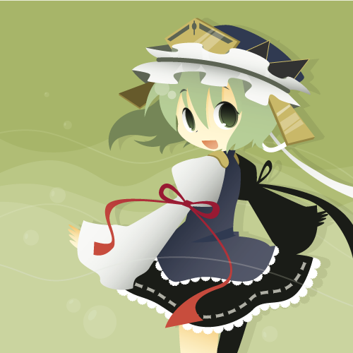misaki, misaki (1n1m), shiki eiki, touhou, lowres, 1girl, chibi, female focus, green eyes, green hair, hat, matching hair/eyes, short hair, solo
