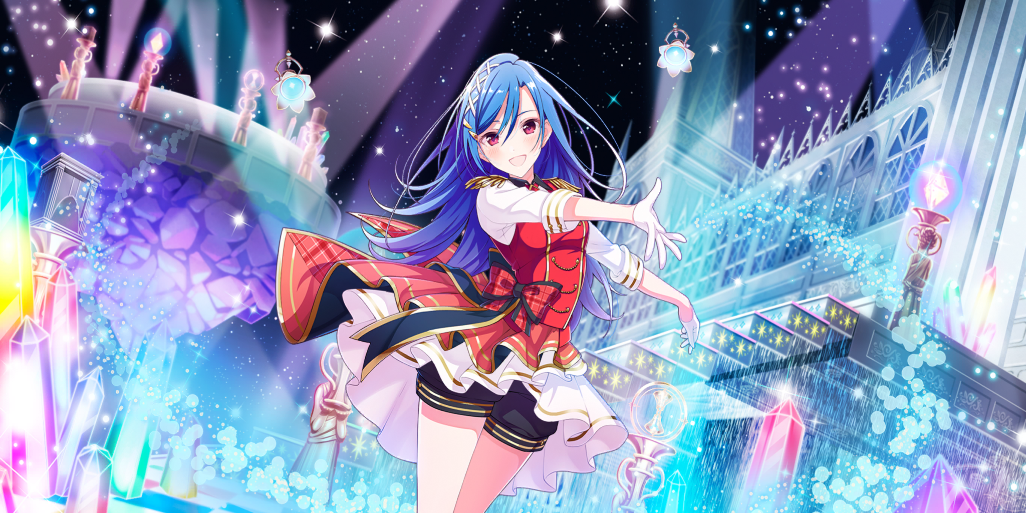 rosetta (lapis re:lights), lapis re:lights, game cg, highres, official art, third-party source, 1girl, :d, black shorts, blue hair, bow, breasts, bubble, building, buttons, checkered floor, cowboy shot, crystal, dot nose, double-breasted, dress, dutch angle, epaulettes, gloves, hair between eyes, hair ornament, hair ribbon, hairclip, idol, idol clothes, large bow, layered skirt, long hair, looking at viewer, medium breasts, night, night sky, open mouth, outdoors, outstretched arm, plaid bow, red bow, red eyes, red skirt, red vest, ribbon, short sleeves, shorts, shorts under skirt, skirt, sky, smile, solo, sparkle, spire, stage lights, stairs, star (sky), starry sky, statue, tile floor, tiles, vest, white dress, white gloves, white ribbon, white skirt