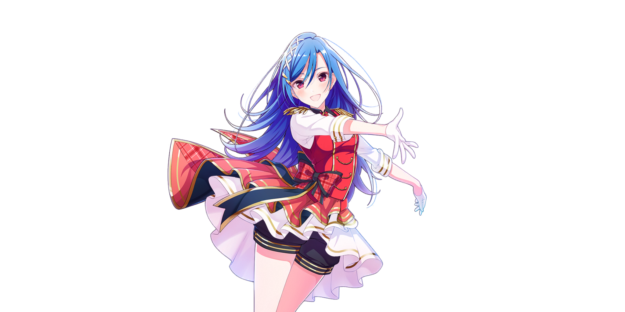 rosetta (lapis re:lights), lapis re:lights, game cg, highres, official art, third-party source, 1girl, :d, black shorts, blue hair, bow, breasts, buttons, cowboy shot, dot nose, double-breasted, dress, epaulettes, gloves, hair between eyes, hair ornament, hair ribbon, hairclip, idol, idol clothes, large bow, layered skirt, long hair, looking at viewer, medium breasts, open mouth, outstretched arm, plaid bow, red bow, red eyes, red skirt, red vest, ribbon, short sleeves, shorts, shorts under skirt, skirt, smile, solo, transparent background, vest, white dress, white gloves, white ribbon, white skirt