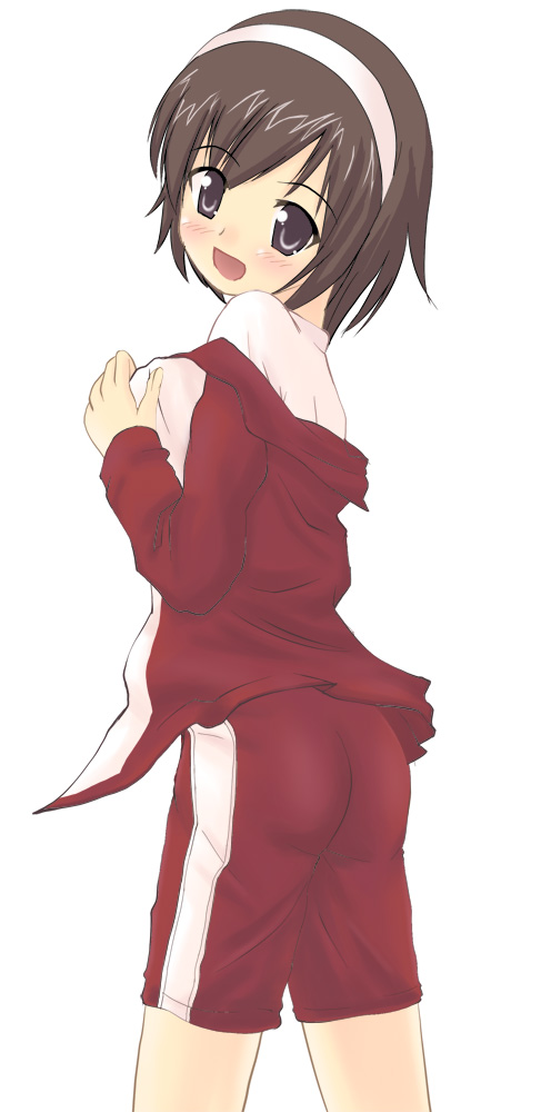 saitou kouichi, takahara ayumi, kami nomi zo shiru sekai, 1girl, female focus, gym uniform, hairband, shorts, simple background, solo, white background