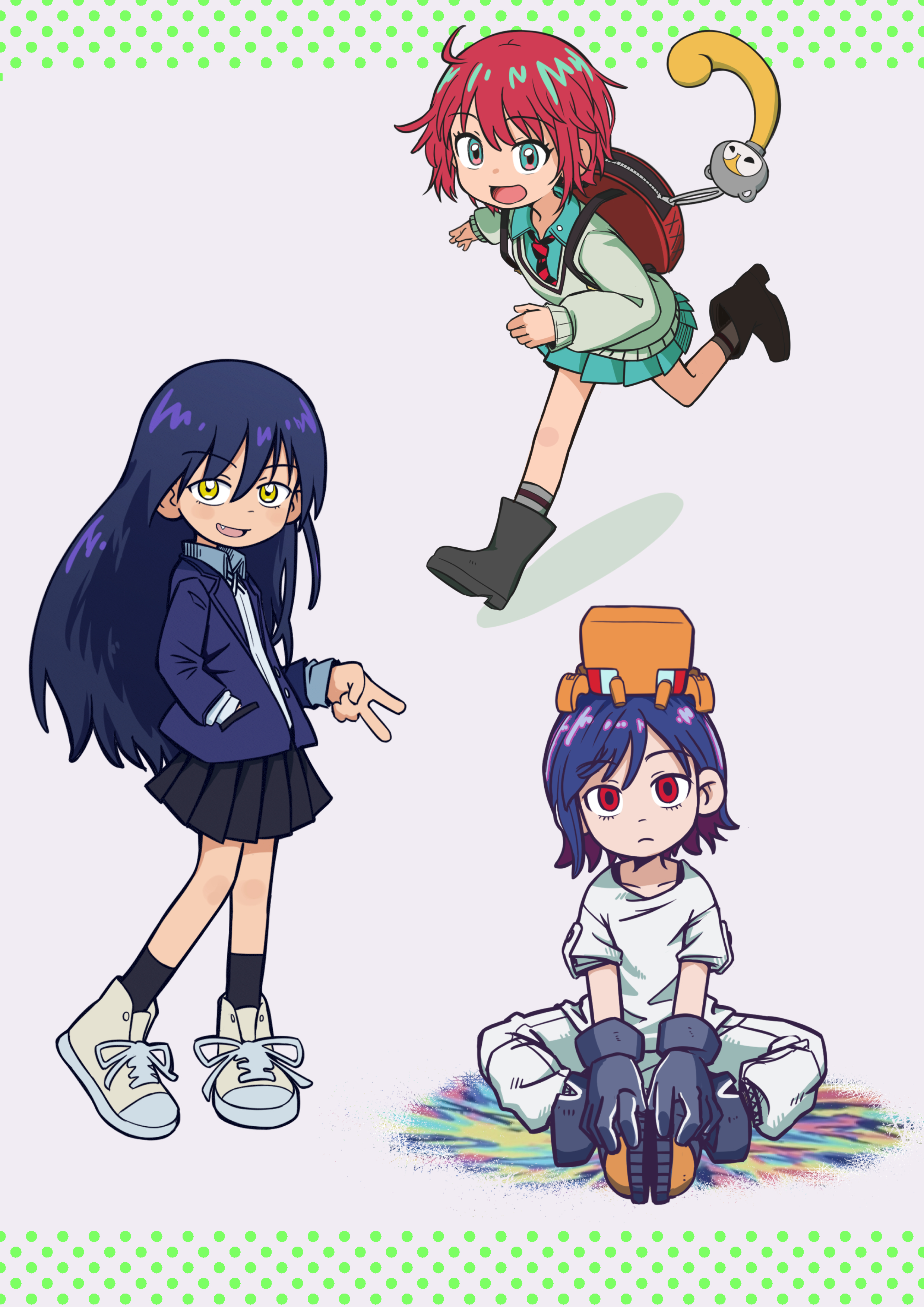 okai (pixiv6333), amate yuzuriha, nyaan (gundam gquuuuuux), shuji ito, gundam, gundam gquuuuuux, absurdres, highres, 1boy, 2girls, aqua eyes, backpack, bag, fang, flat chest, gloves, long hair, multicolored eyes, multiple girls, necktie, open mouth, pleated skirt, purple hair, red eyes, red hair, robot, running, school uniform, shoes, short hair, sitting, skirt, two-tone eyes, v, yellow eyes