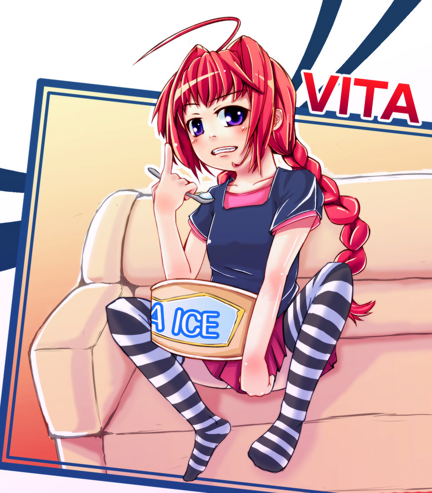 vita (nanoha), lyrical nanoha, mahou shoujo lyrical nanoha, 00s, 1girl, braid, feet, female focus, food, ice cream, red hair, shirt, solo, striped clothes, striped thighhighs, t-shirt, thighhighs