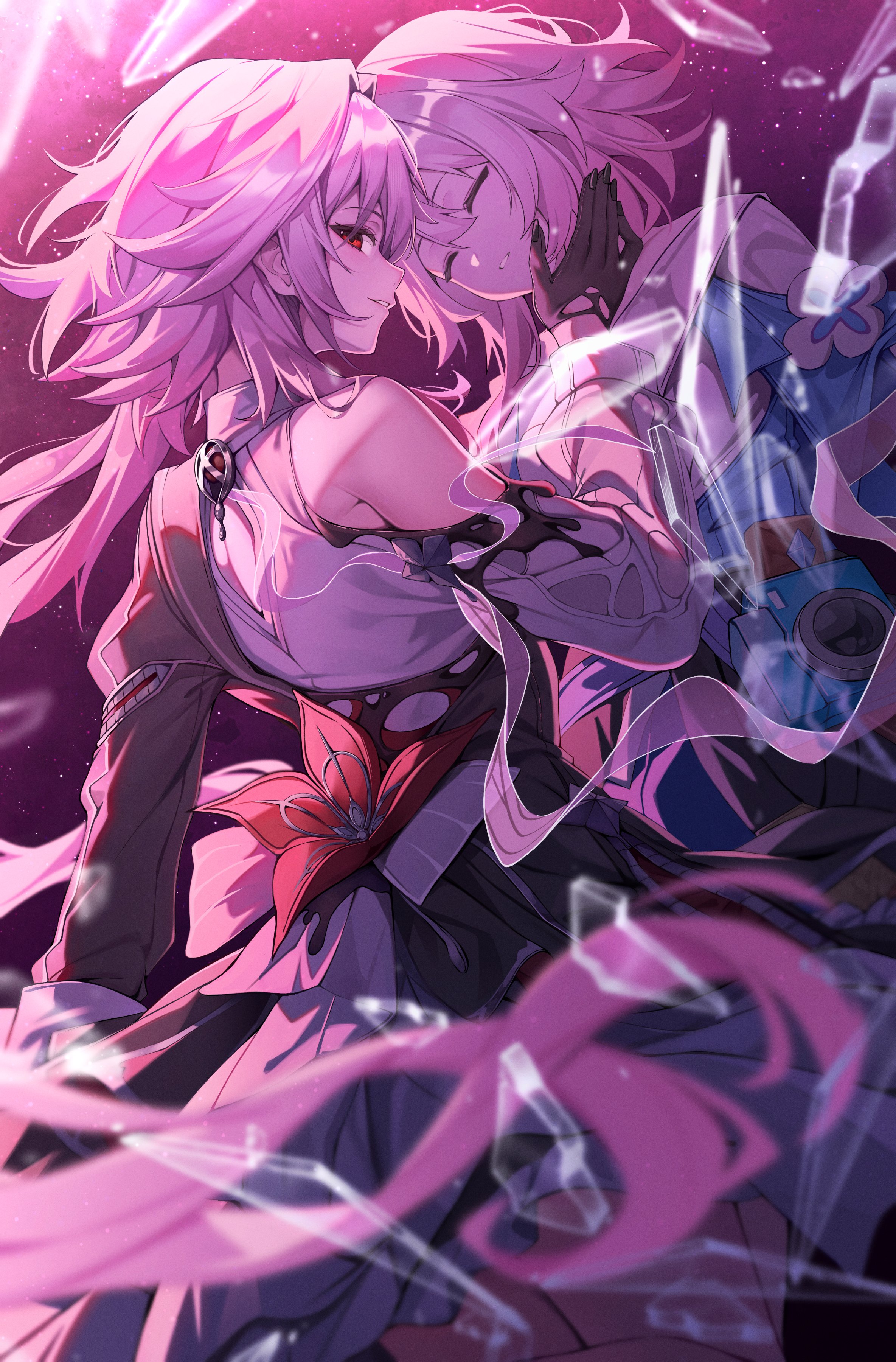 kiro (kirotayu), evernight (honkai: star rail), march 7th (honkai: star rail), march 7th (preservation) (honkai: star rail), honkai: star rail, honkai (series), absurdres, highres, 2girls, asymmetrical dress, back cutout, black dress, black gloves, blue jacket, closed eyes, clothing cutout, dress, face-to-face, flower ornament, glass shards, gloves, hand on another's face, jacket, long hair, looking at viewer, looking back, multiple girls, parted lips, pink hair, red eyes, shirt, single bare shoulder, single off shoulder, tied jacket, white shirt