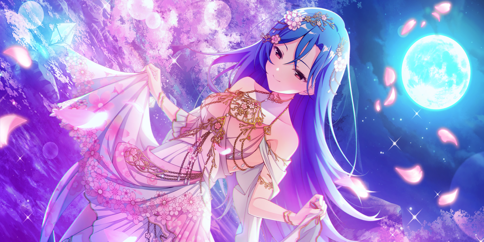 rosetta (lapis re:lights), lapis re:lights, game cg, highres, official art, third-party source, 1girl, armlet, bare shoulders, blue hair, blurry, blurry foreground, bracelet, breasts, cherry blossoms, closed mouth, cloud, dress, dutch angle, floral print, floral print skirt, flower, full moon, hair between eyes, hair flower, hair ornament, jewelry, lens flare, long hair, medium breasts, moon, mountain, night, night sky, off-shoulder dress, off shoulder, outdoors, petals, petals on liquid, pink dress, pink flower, pink petals, pink skirt, print skirt, red eyes, skirt, skirt hold, sky, smile, solo, sparkle, tree
