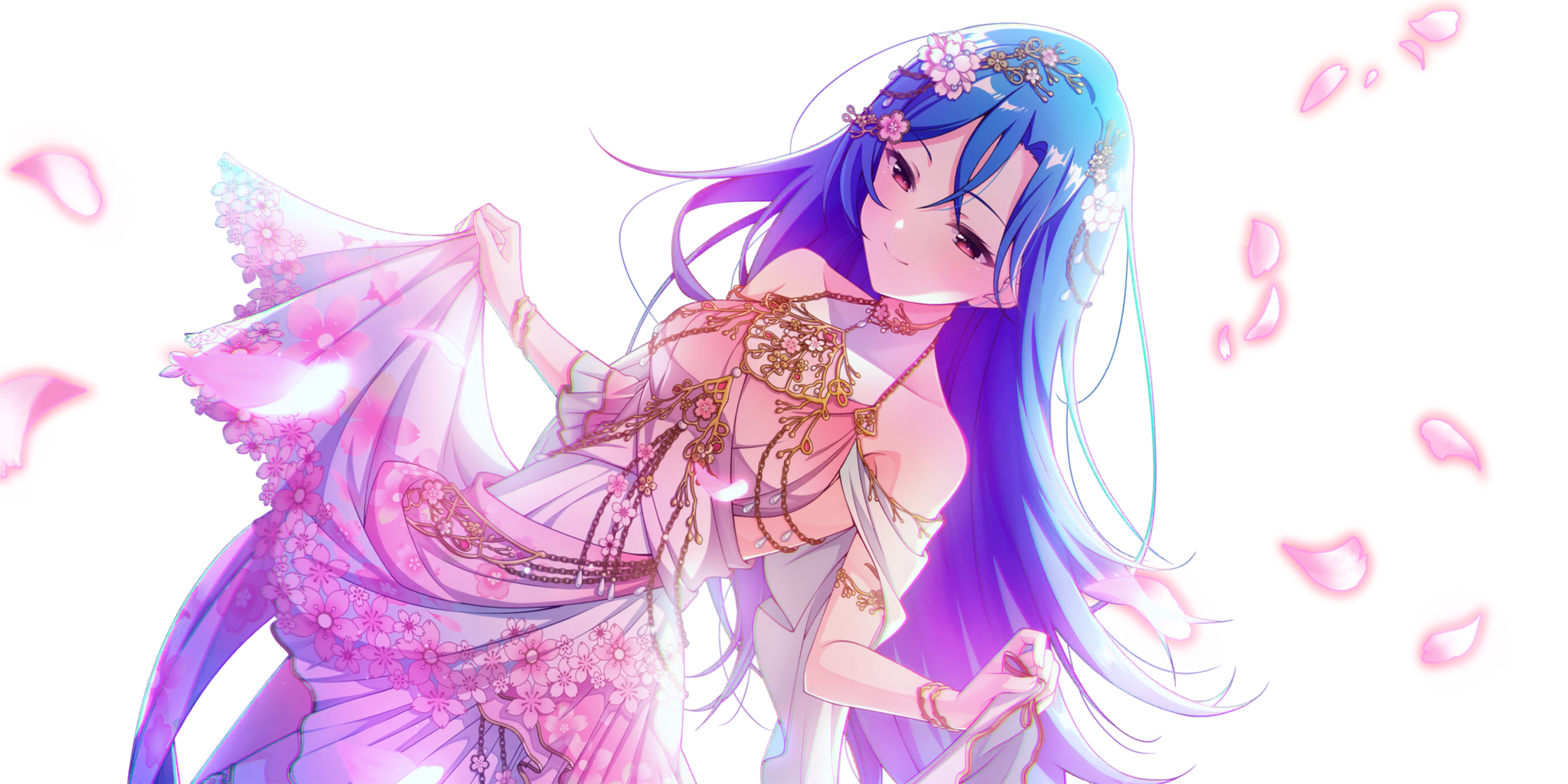 rosetta (lapis re:lights), lapis re:lights, game cg, highres, official art, third-party source, 1girl, armlet, bare shoulders, blue hair, blurry, blurry foreground, bracelet, breasts, closed mouth, dress, dutch angle, floral print, floral print skirt, flower, hair between eyes, hair flower, hair ornament, jewelry, long hair, medium breasts, off-shoulder dress, off shoulder, pink dress, pink flower, pink petals, pink skirt, print skirt, red eyes, skirt, skirt hold, smile, solo, transparent background