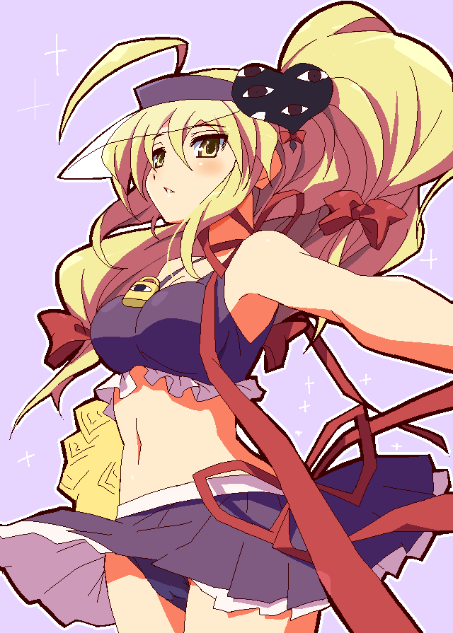 9law, amulet heart, hinamori amu, yakumo yukari, shugo chara!, touhou, visor, bad id, bad pixiv id, 1girl, alternate hairstyle, amulet heart (cosplay), bare shoulders, blonde hair, cosplay, female focus, hinamori amu (cosplay), magical girl, midriff, oekaki, parody, ponytail, solo, visor cap, wind, wind lift, yellow eyes